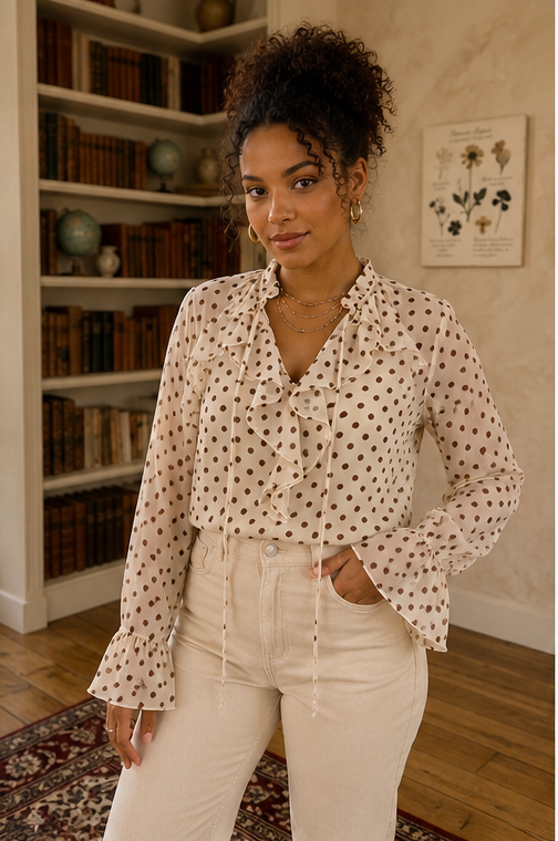 Blouse à pois écru portée